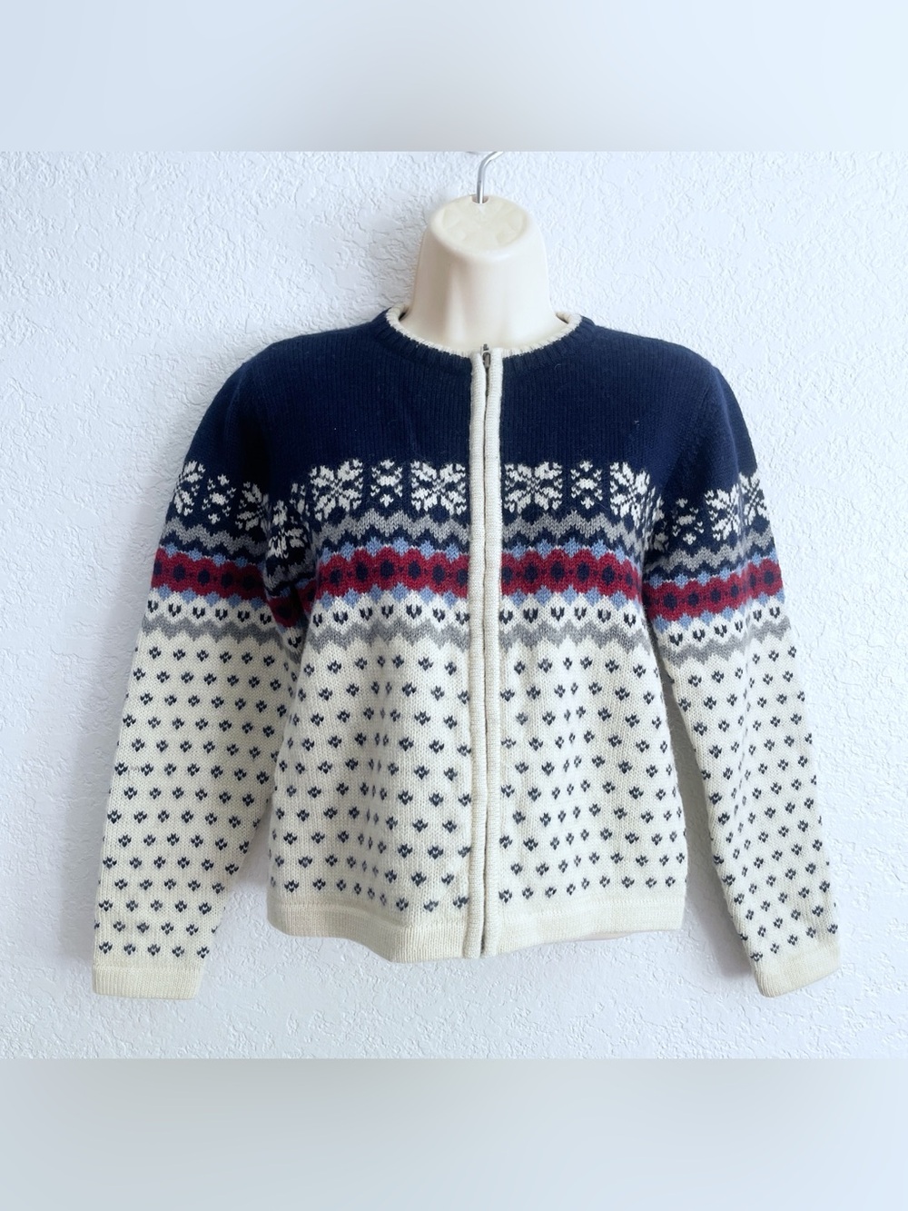 Lands' End Kid Nordic Fair Isle Wool Zip Front Cardigan Medium Navy Snowflake